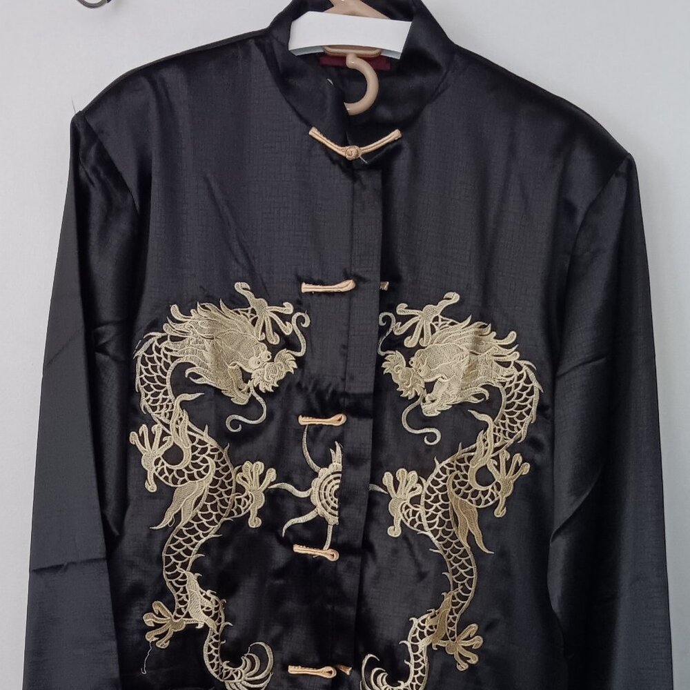 Black and Gold Silk Jacket with Dragon Embroidery Size XL Used